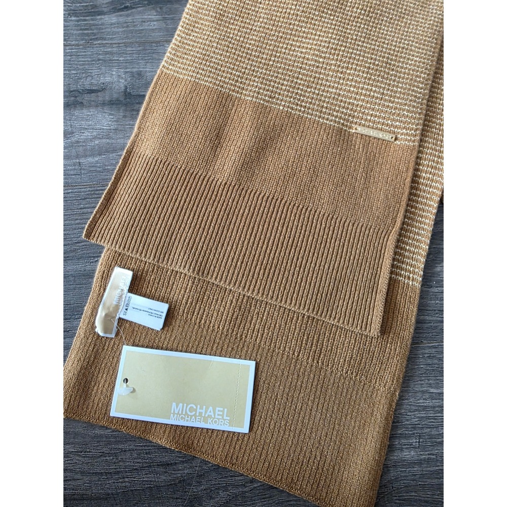 NWT Michael Kors Knit Scarf Tan Gold Metallic Stripe Wool Blend Luxury Warm
Gift - Picture 4 of 7